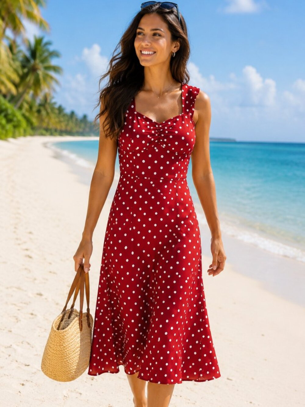 Unbranded Polka dot red & white strap sleeves Dress - Size M